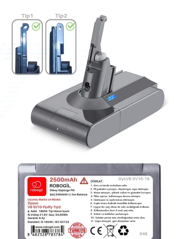 Dyson V8 SV10 Fluffy Tip2 Uyumlu Pil Paketi / Bataryası DysV8-SV10-19