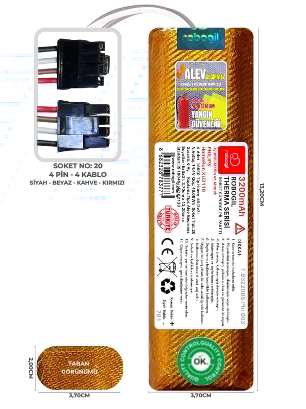Philips HomeRun XU3110 3200mAh Therma Serisi Alev Geçirmez Kaplamalı Uyumlu Robot Süpürge Bataryası T.B3220BS-Phi-003 Sıra:791