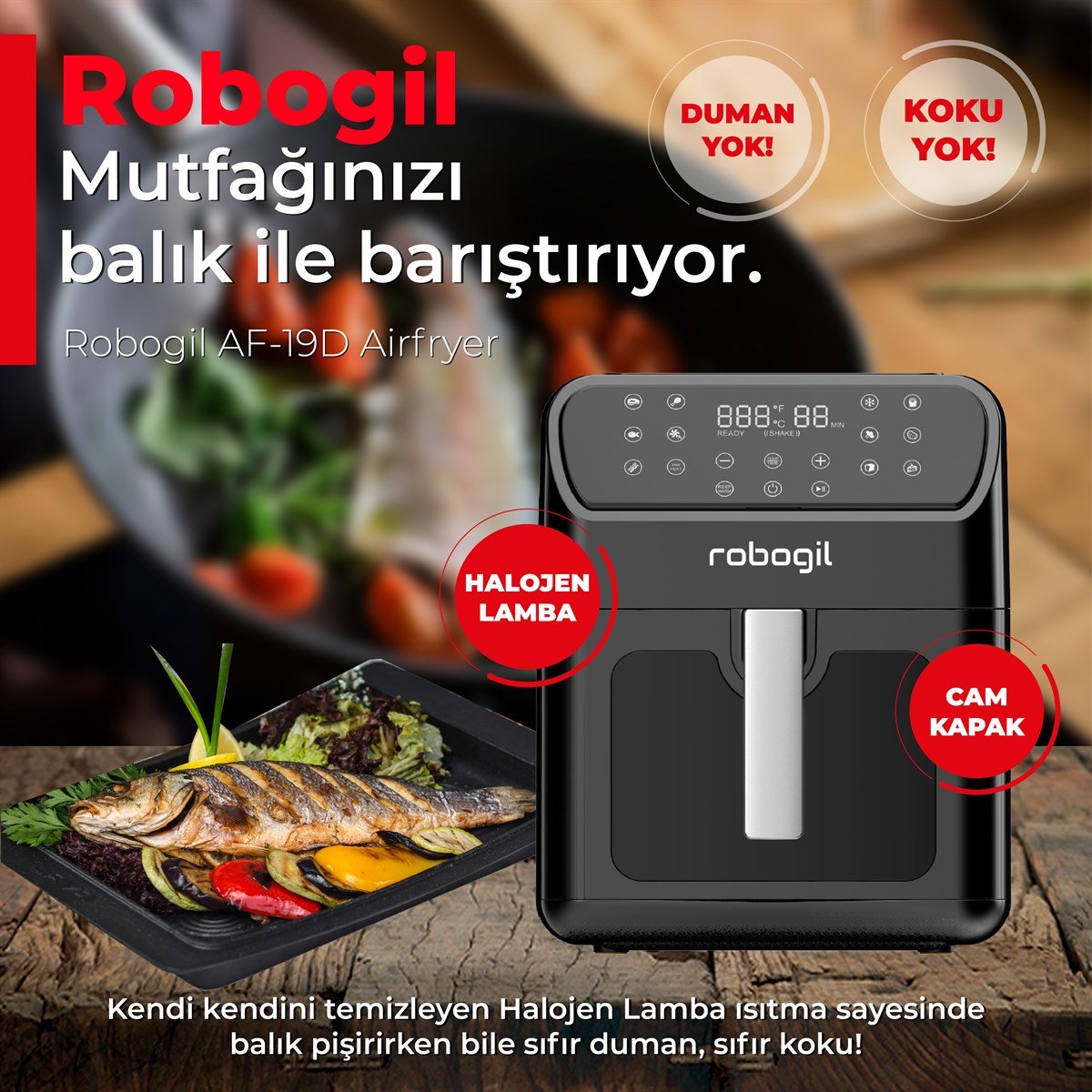 Robogil AF-19D Airfryer XXL 6,5Lt Cam Kapak 1500W Halojen Lamba 12 Program Dijital Kontrol Yağsız Kızartma Sıcak Hava Fritözü