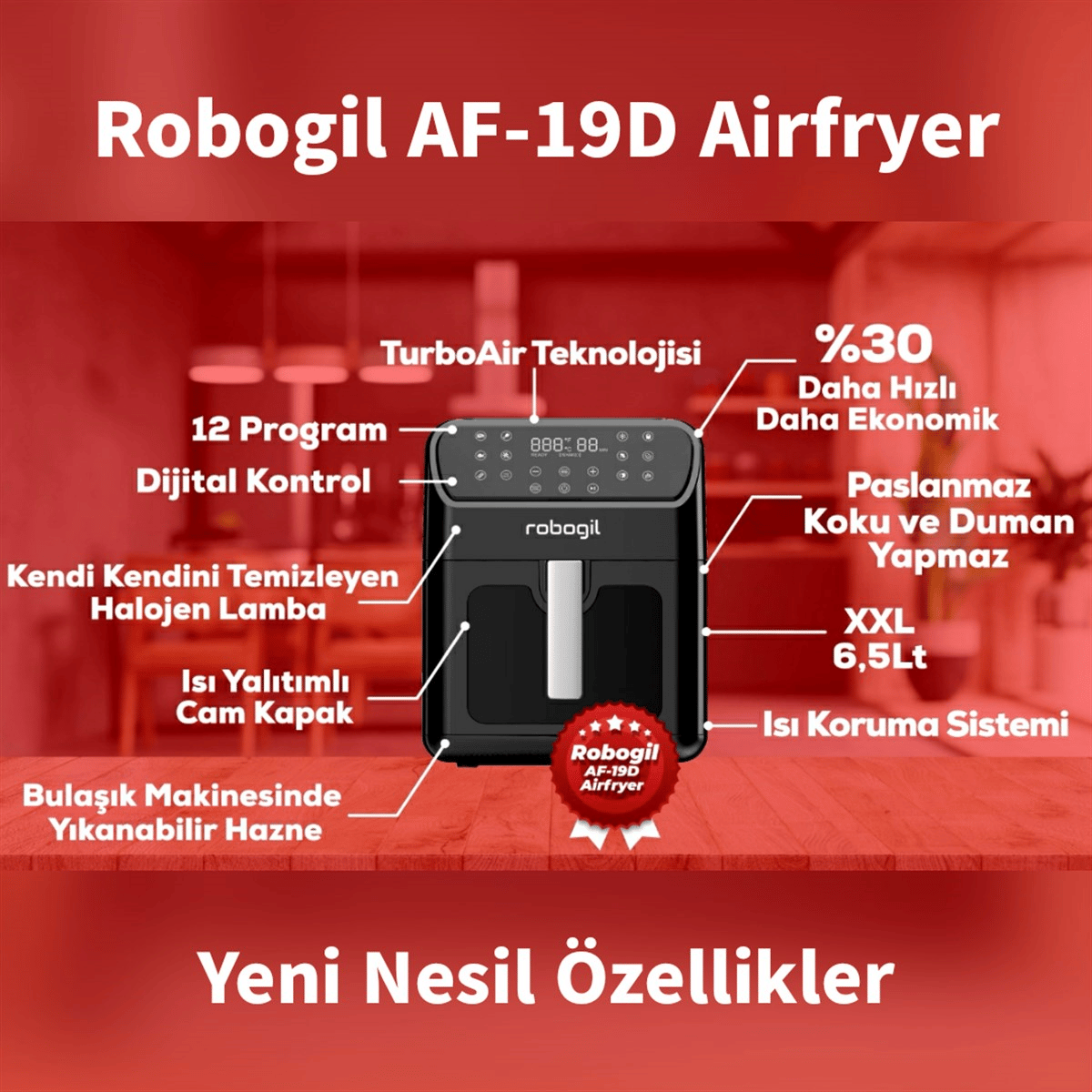 Robogil AF-19D Airfryer XXL 6,5Lt Cam Kapaklı Halojen Lambalı Sıcak Hava Fritözü