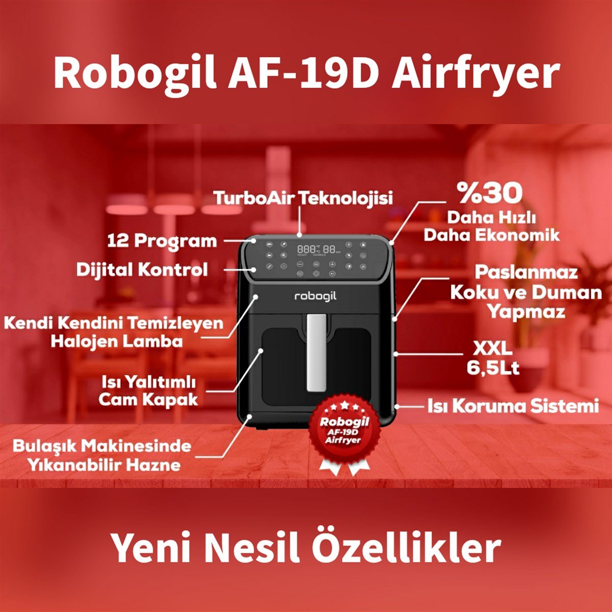 Robogil AF-19D Airfryer XXL 6,5Lt Cam Kapaklı Halojen Lambalı Sıcak Hava Fritözü