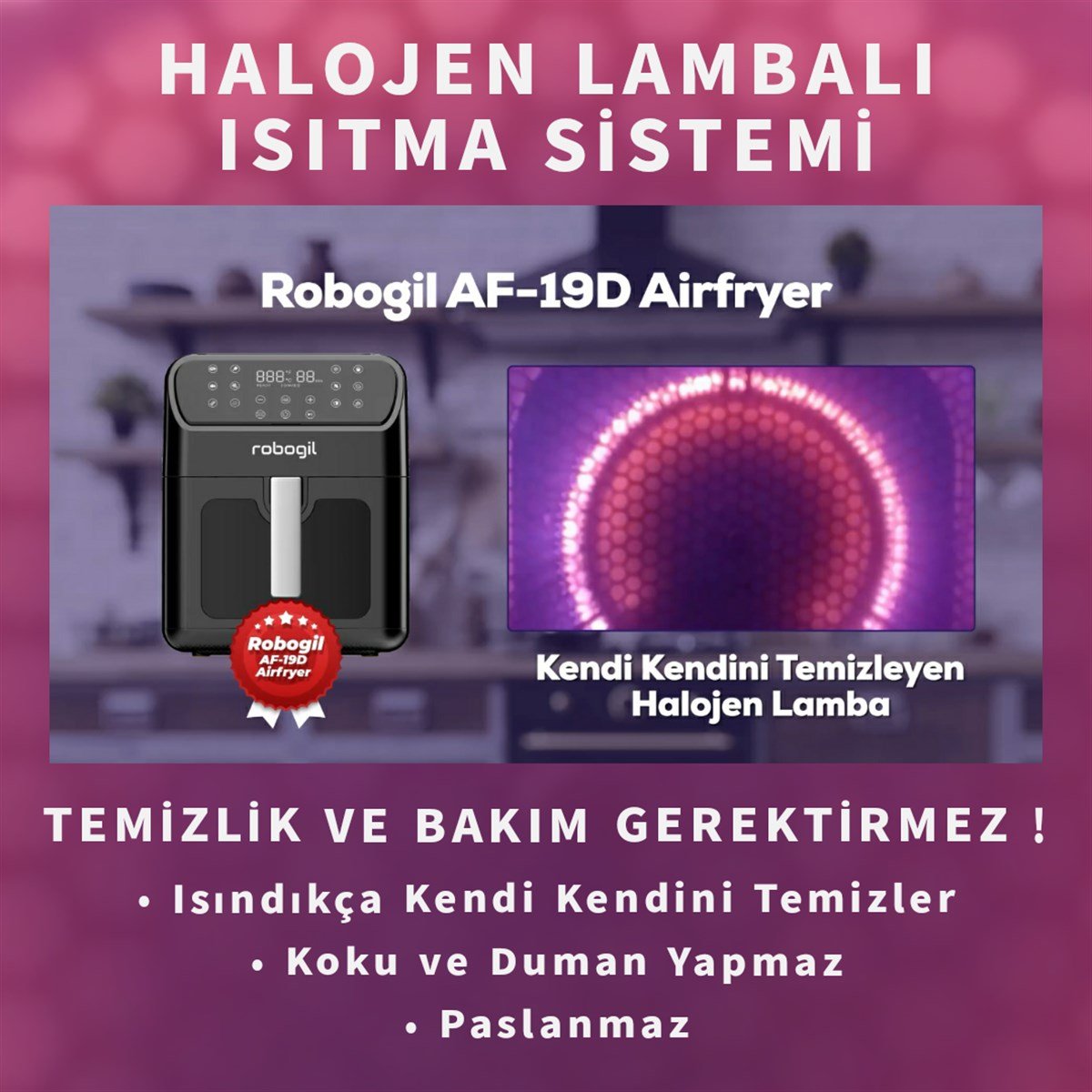 Robogil AF-19D Airfryer XXL 6,5Lt Cam Kapaklı Halojen Lambalı Sıcak Hava Fritözü