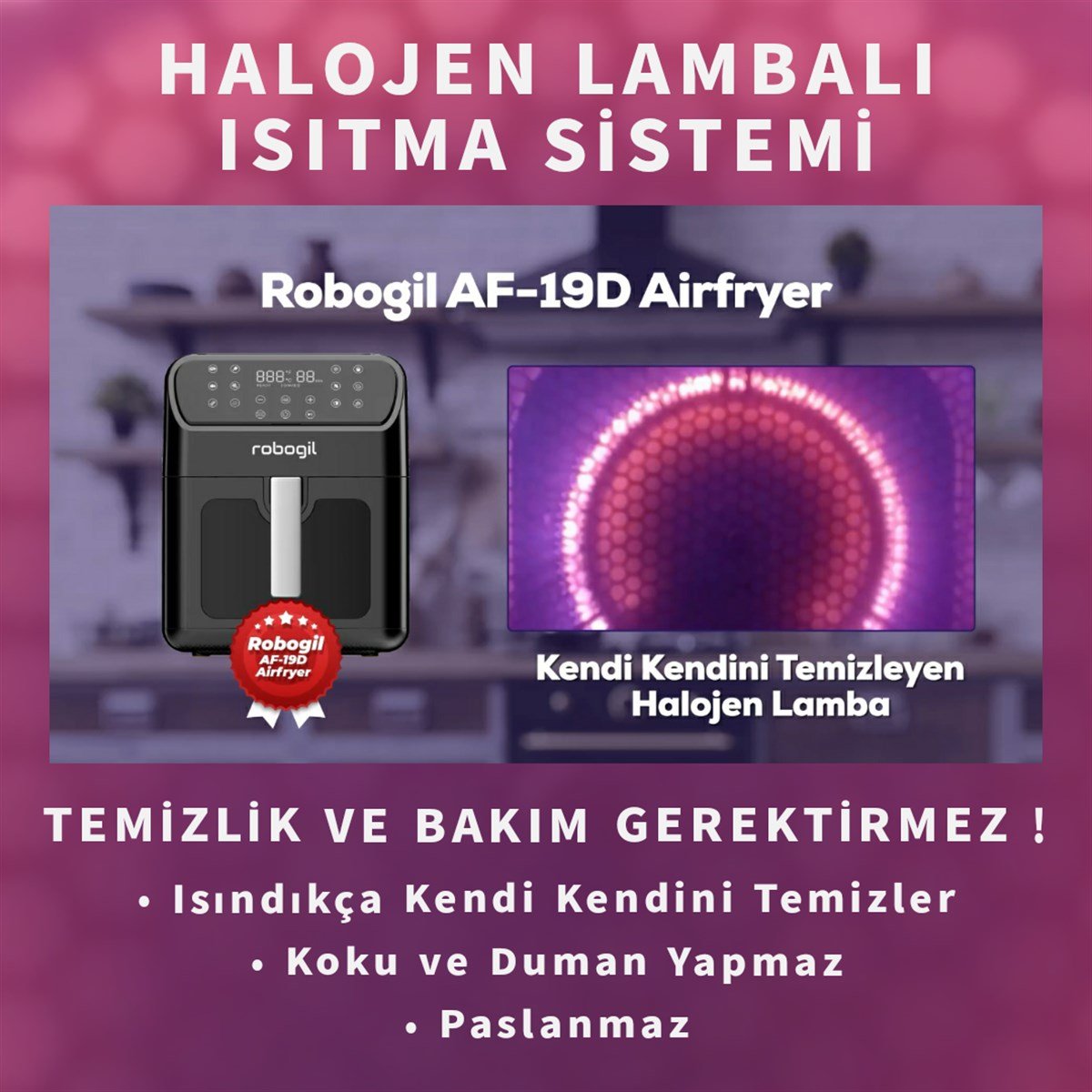 Robogil AF-19D Airfryer XXL 6,5Lt Cam Kapaklı Halojen Lambalı Sıcak Hava Fritözü