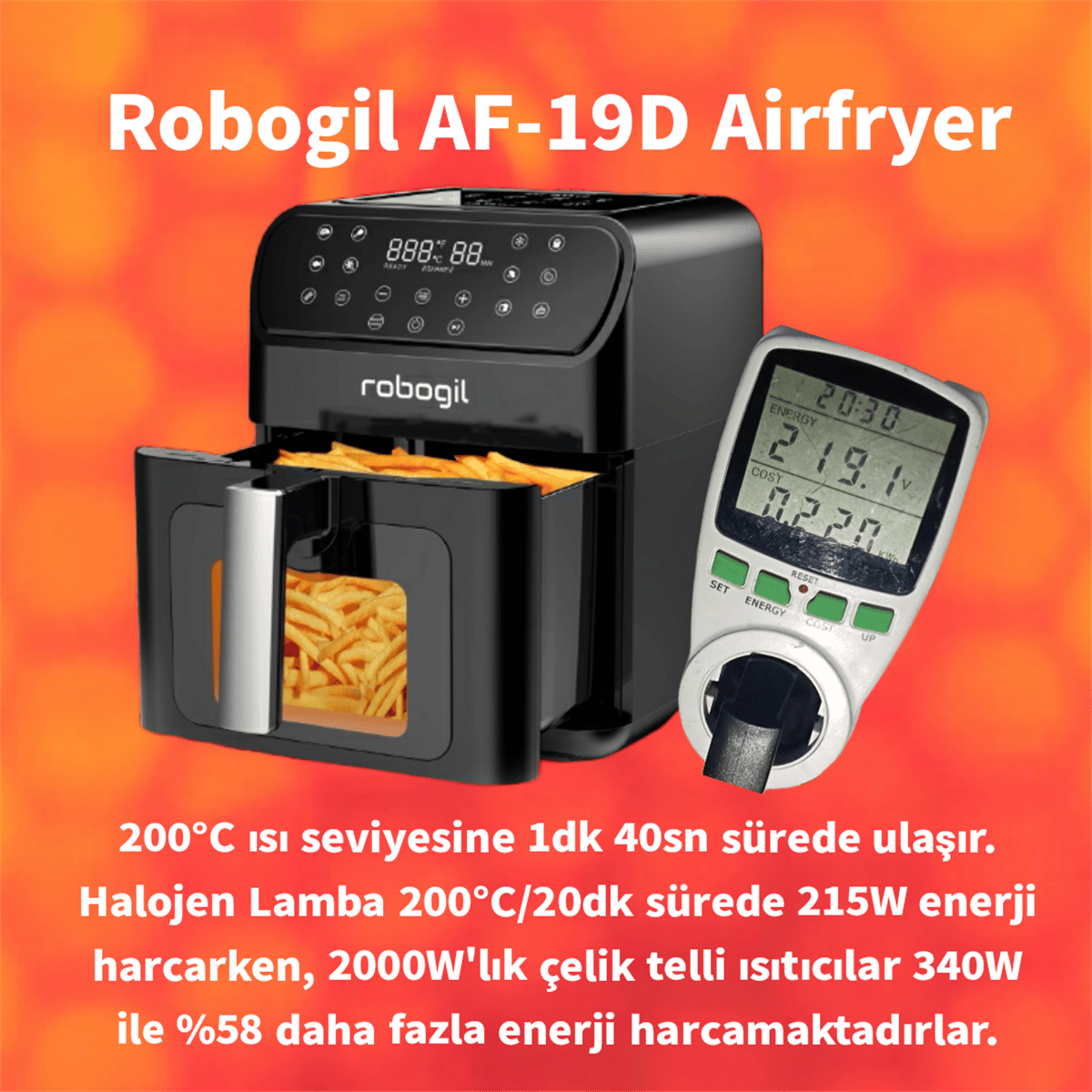 Robogil AF-19D Airfryer XXL 6,5Lt Cam Kapaklı Halojen Lambalı Sıcak Hava Fritözü
