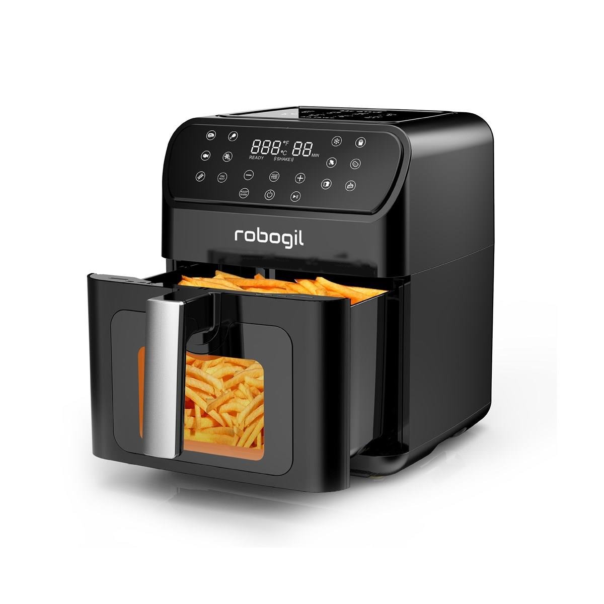 Robogil AF-19D Airfryer XXL 6,5Lt Cam Kapak 1500W Halojen Lamba 12 Program Dijital Kontrol Yağsız Kızartma Sıcak Hava Fritözü