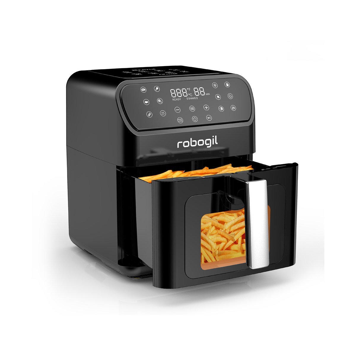 Robogil AF-19D Airfryer XXL 6,5Lt Cam Kapak 1500W Halojen Lamba 12 Program Dijital Kontrol Yağsız Kızartma Sıcak Hava Fritözü