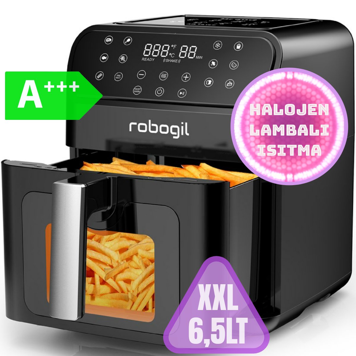 Robogil AF-19D Airfryer XXL 6,5Lt Halojen Lambalı Cam Kapaklı Sıcak Hava Fritözü