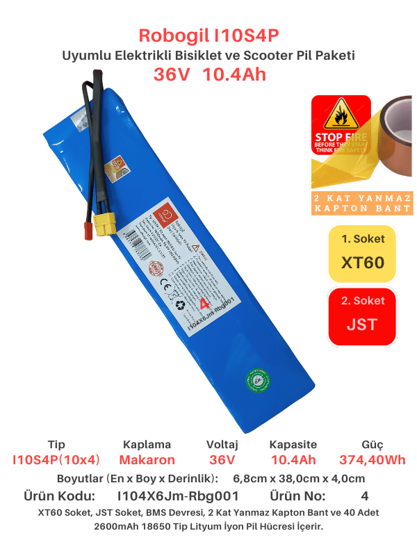 Robogil I10S4P 10.4Ah 36V 374,40Wh Uyumlu Batarya Elektrikli Bisiklet ve Scooter Pili I104X6Jm-Rbg001