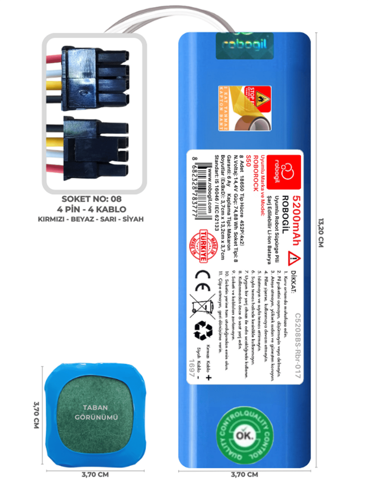 Roborock S50 5200mAh Uyumlu Robot Süpürge Pili C5208BS-Rbr-017