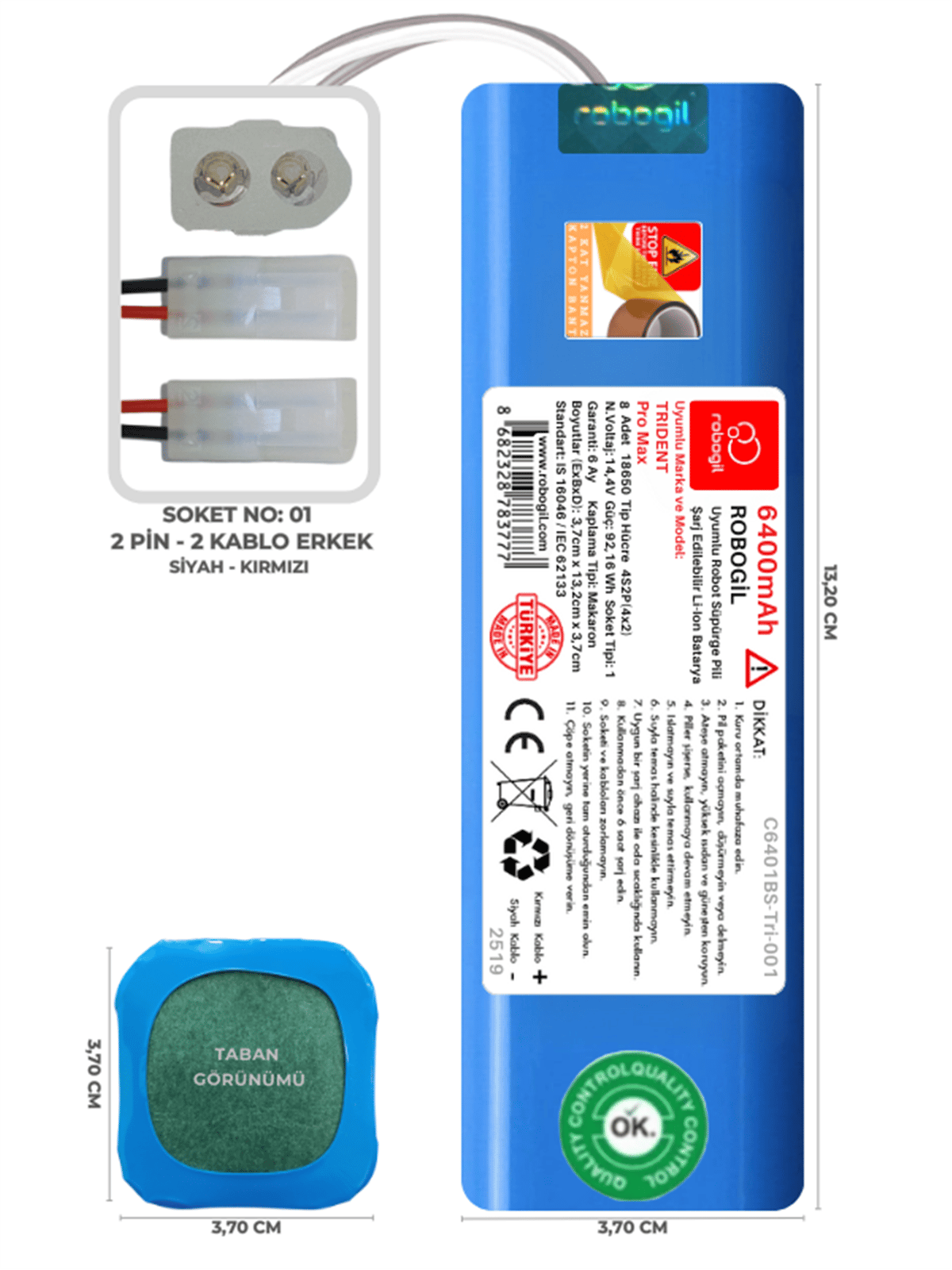 Trident Pro Max 6400mAh Uyumlu Robot Süpürge Pili C6401BS-Tri-001