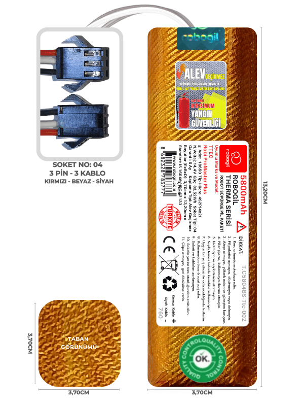 TTEC Robi ProMaster Plus 5800mAh Therma Serisi Alev Geçirmez Kaplamalı Uyumlu Robot Süpürge Bataryası T.C5804BS-Ttc-002 Sıra:760