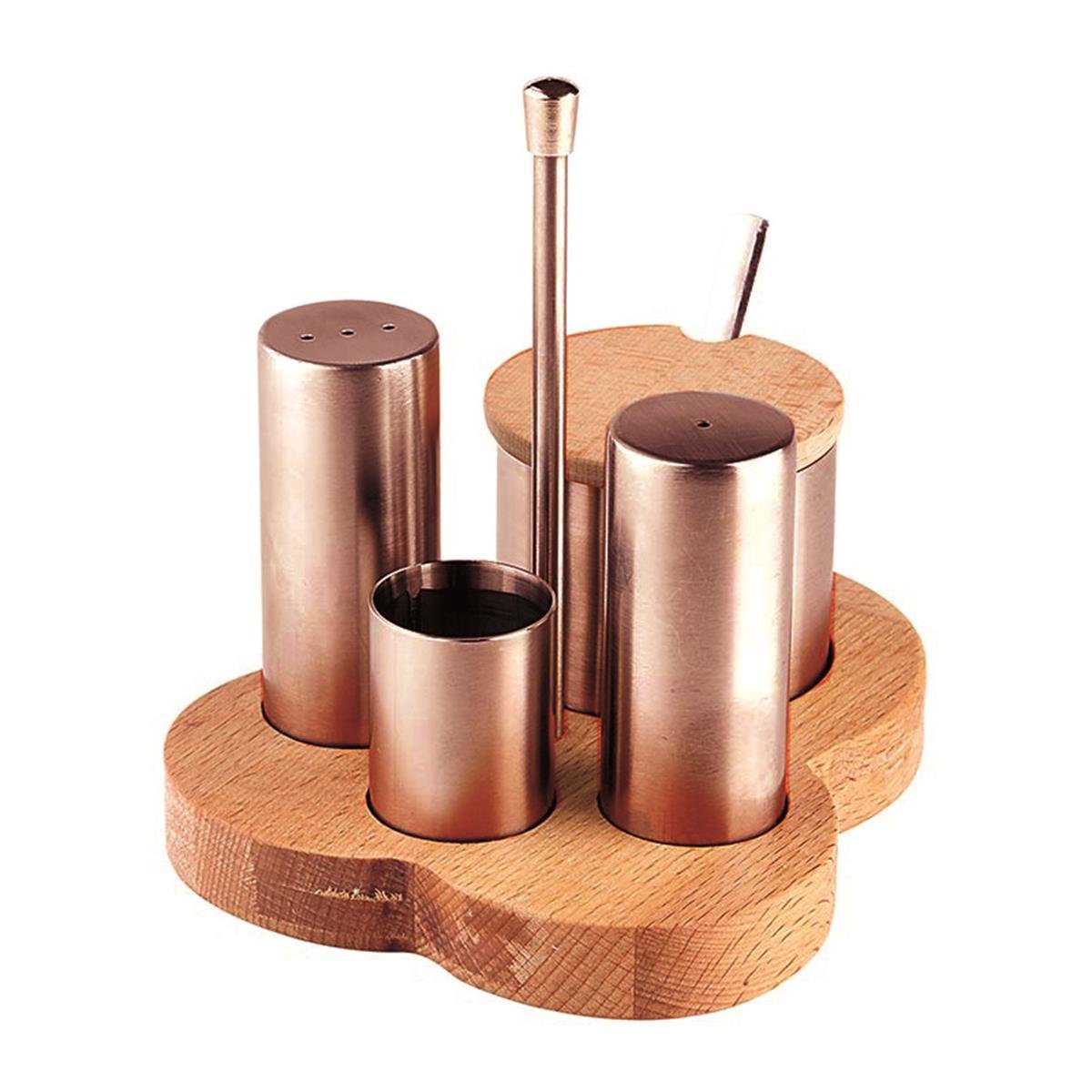Biradlı Grv-246-Bakır 4 Lü Tuzluk Baharatlık Takımı Standlı Bakır 15X12,5 Cm BiradlıBR.GRV-246-BAKIR