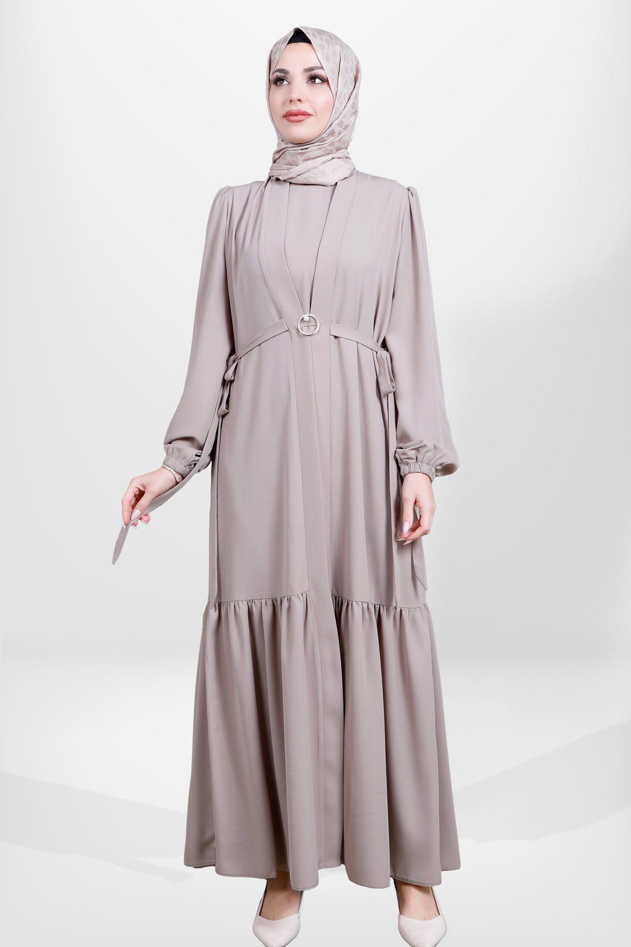 Beyza-3982 ABAYA İKİLİ TAKIM BEJ