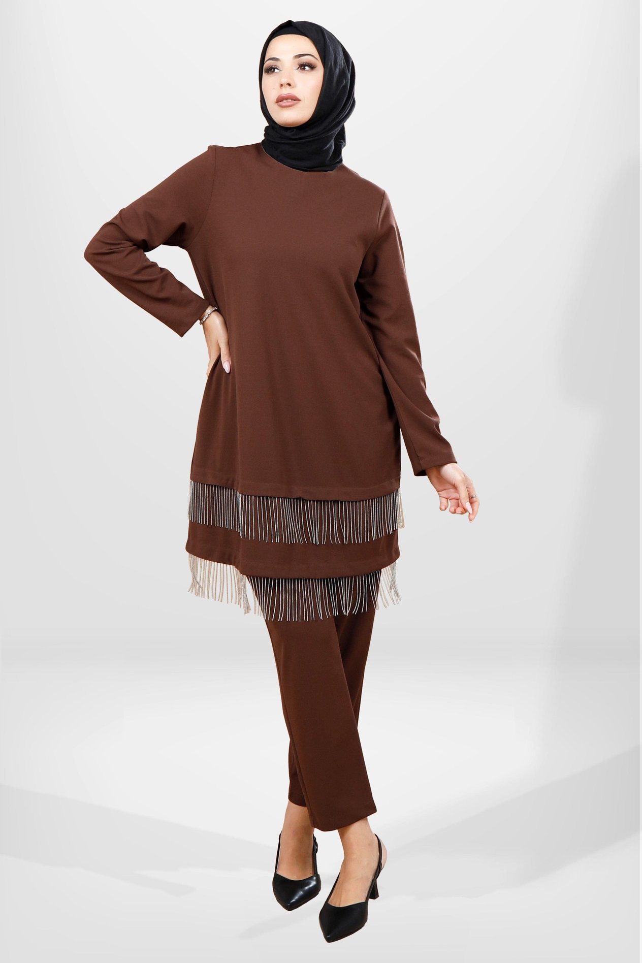 Beyza-4063 TUNİK PANTOLON 2 Lİ TK KAHVE
