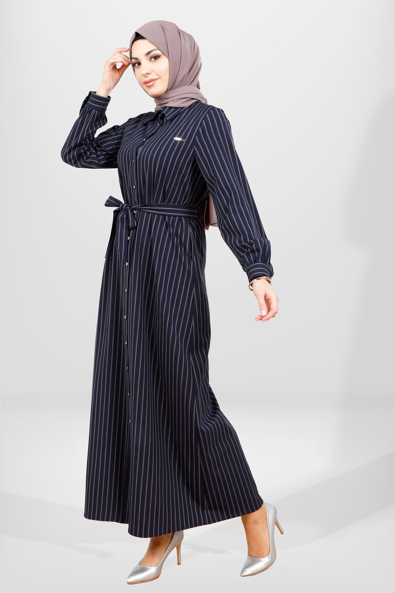 Beyza-5559 ELBİSE LACİVERT ÇİZGİLİ