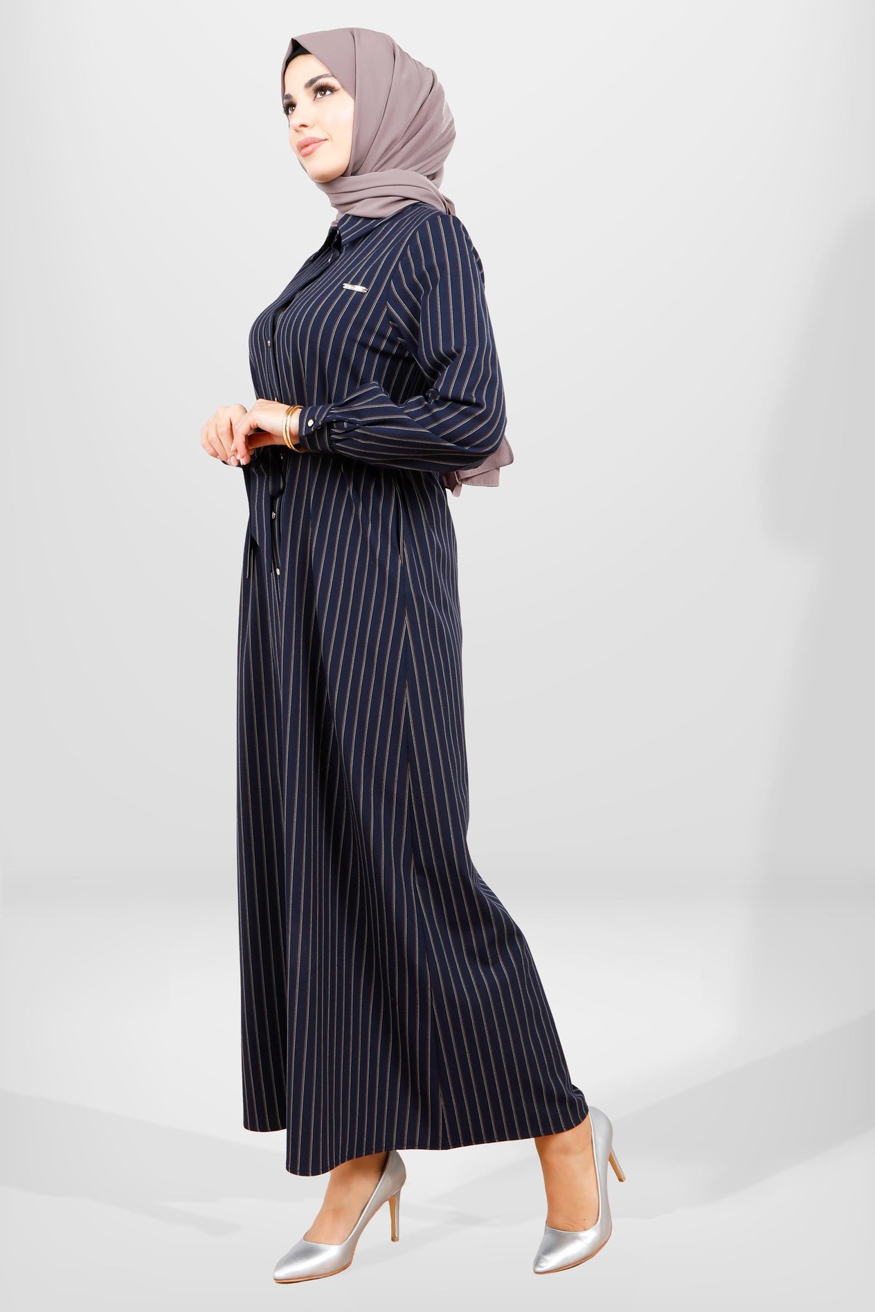 Beyza-5559 ELBİSE LACİVERT ÇİZGİLİ