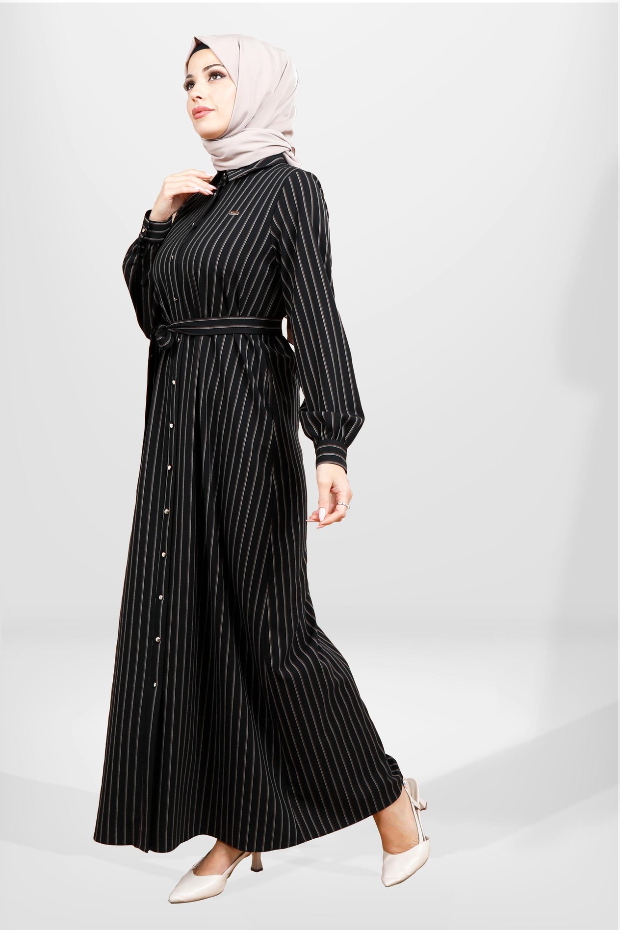 Beyza-5559 ELBİSE SİYAH ÇİZGİLİ