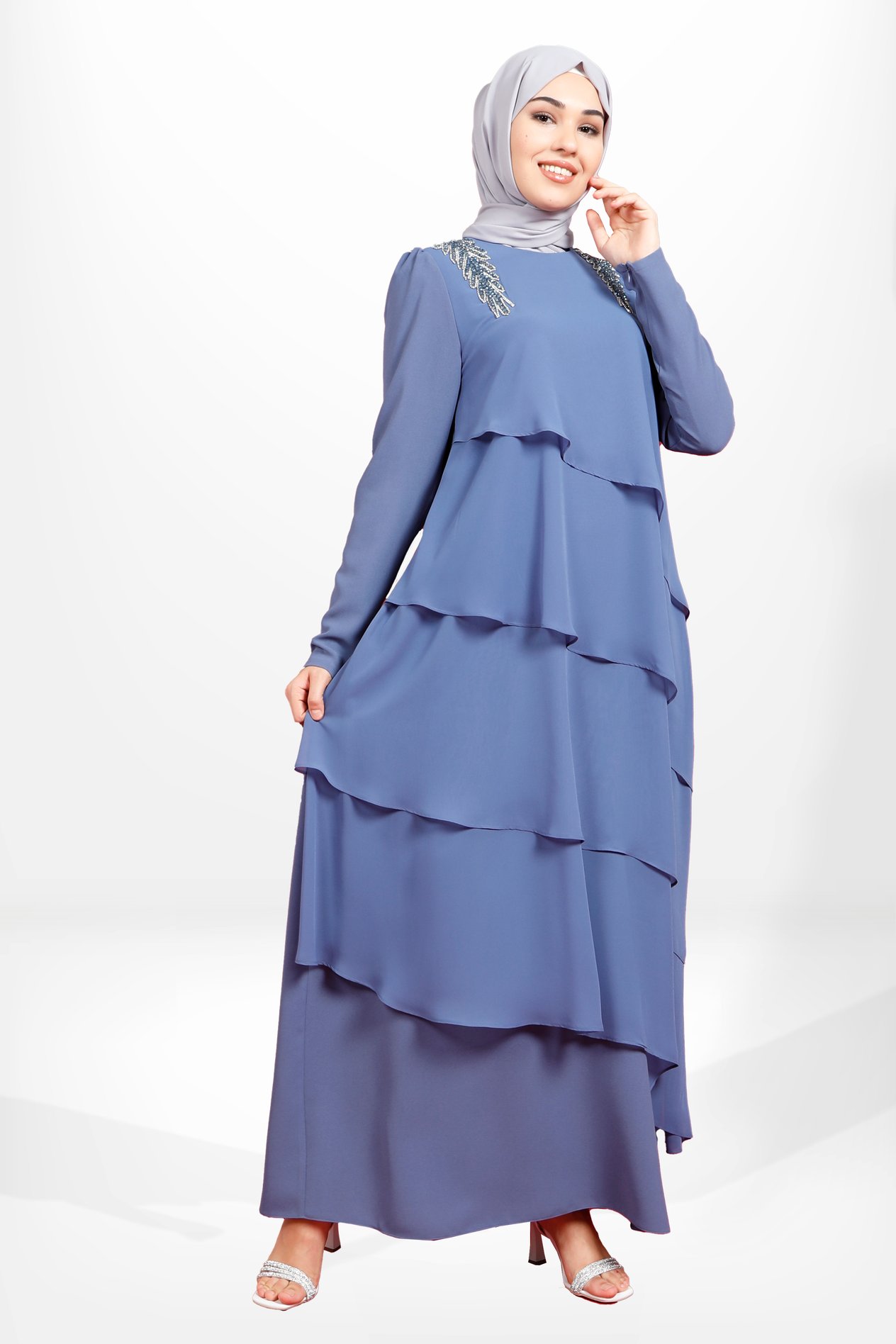 Beyza-5589 ELBİSE VOLANLI İNDİGO