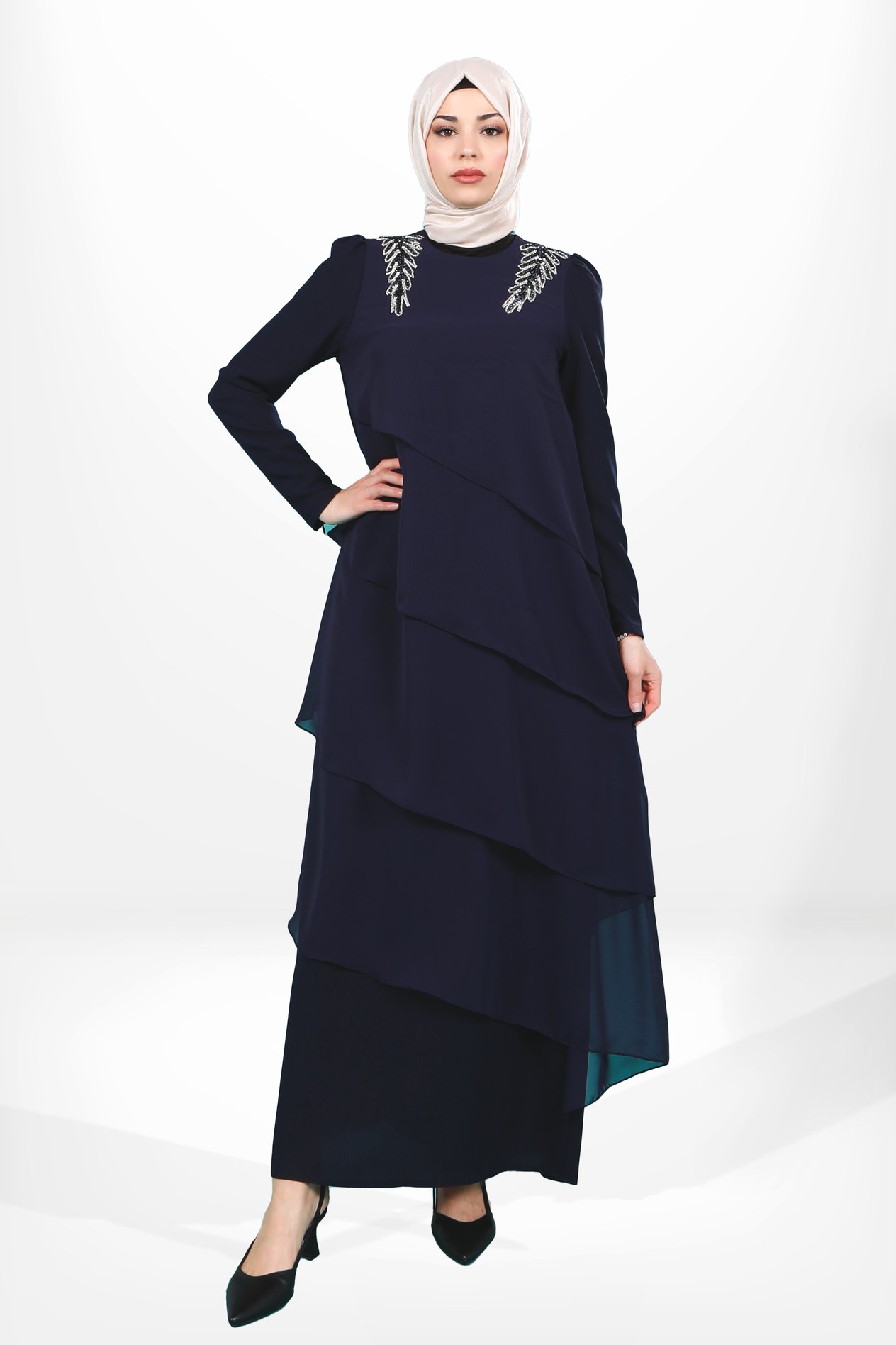 Beyza-5589 ELBİSE VOLANLI LACİVERT