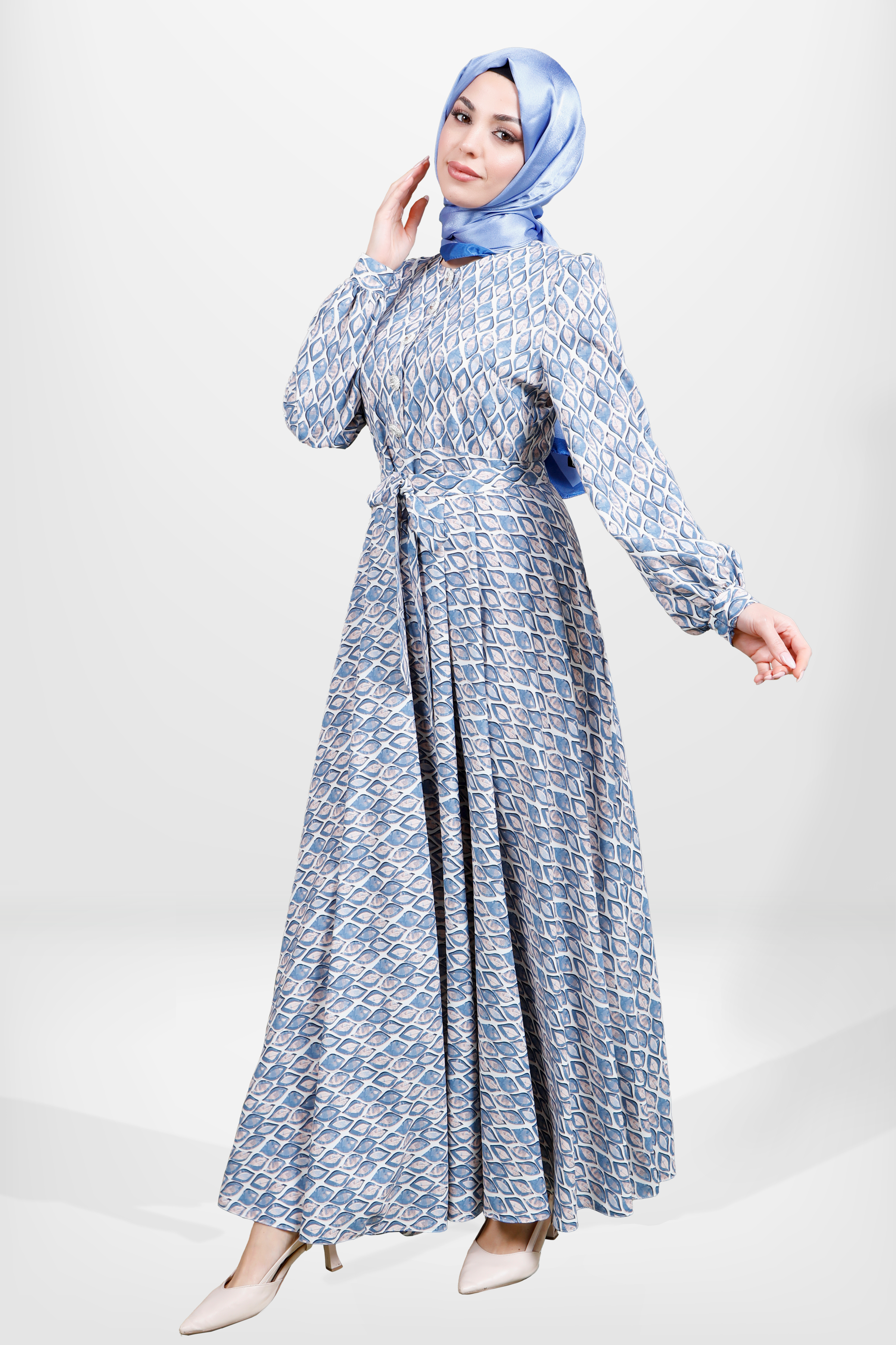 Beyza-5639 ELBİSE KLOŞ DESENLİ MAVİ