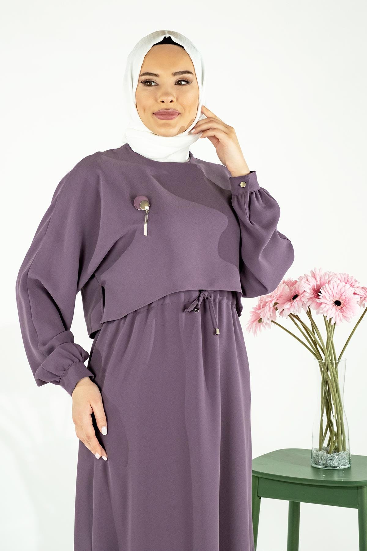 Beyza-Aller Robalı Beli Büzgülü Lila Tesettür Elbise 5452