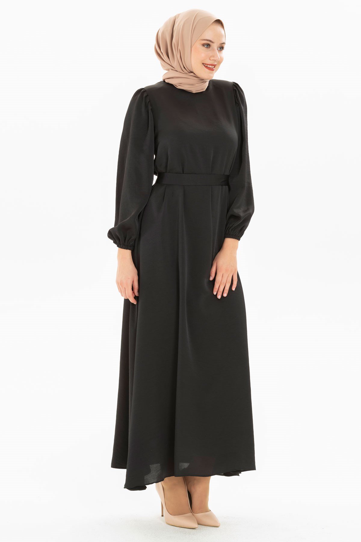 Beyza-Balon Kol Siyah Tesettür Elbise 5220