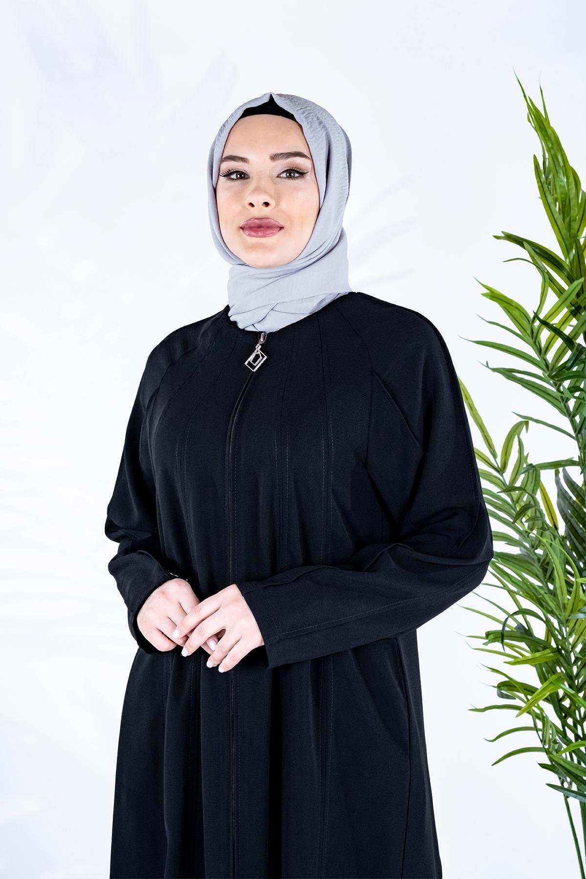 Beyza-Bedeni Kuplu Kolları Nervürlü Siyah Tesettür Ferace 3740