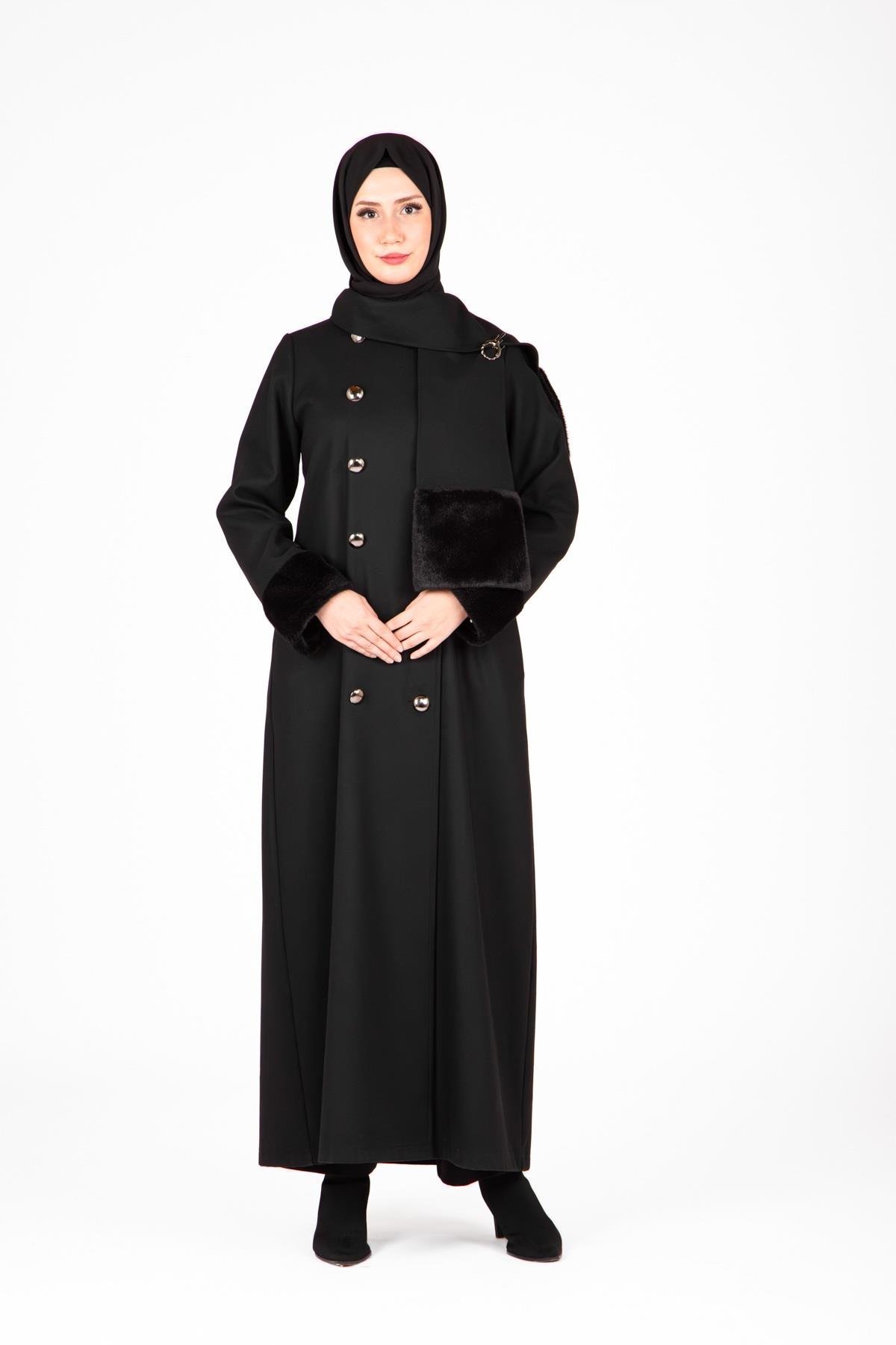 Beyza-Beyza Atkılı ve Kürk Detaylı Siyah Kaban 9455