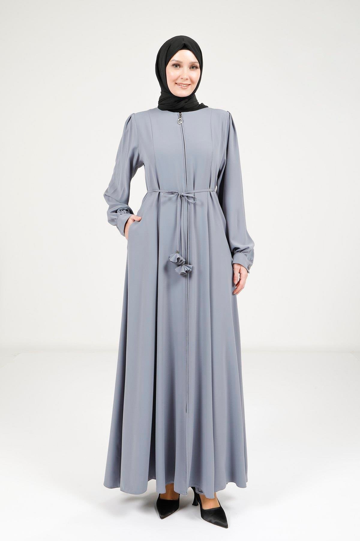 Beyza-Beyza Bağlama Detaylı Fermuarlı Gri Ferace 9163
