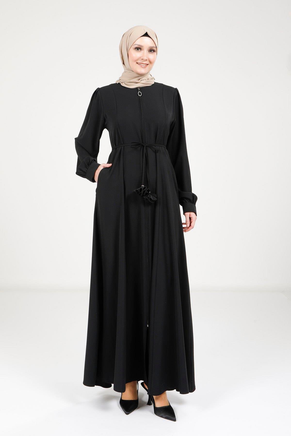 Beyza-Beyza Bağlama Detaylı Fermuarlı Siyah Ferace 9163
