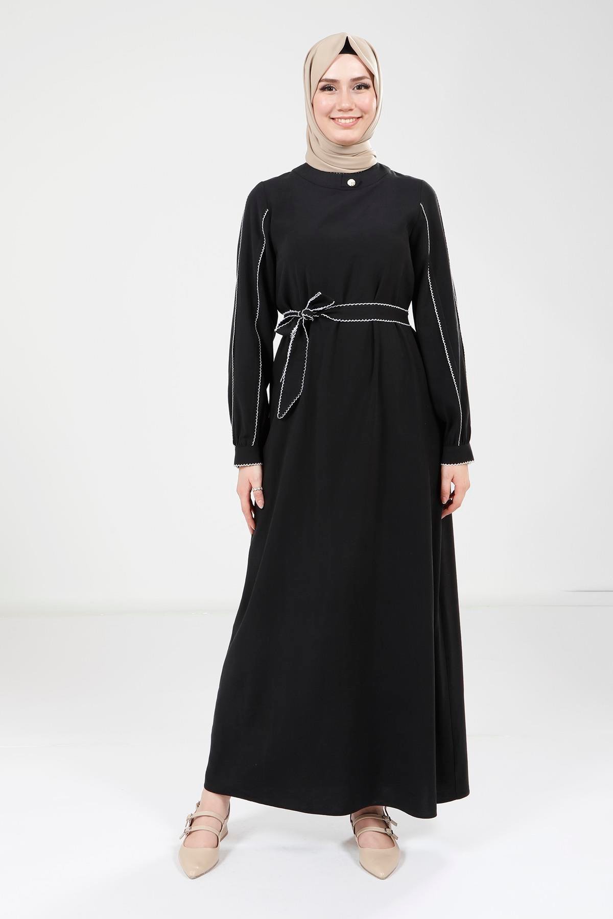 Beyza-Beyza Biye Detaylı Siyah Elbise 9383