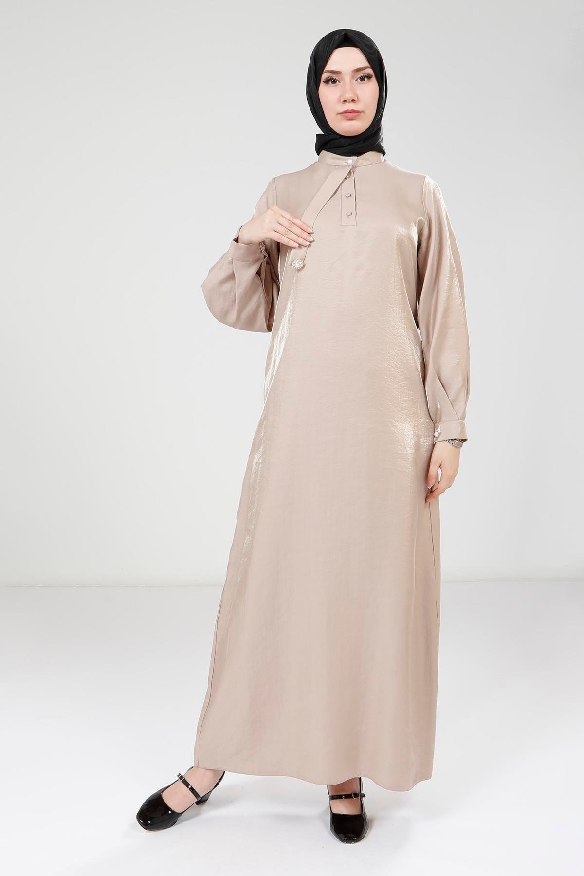 Beyza-Beyza Broşlu Stone Renk Parlak Kumaş Elbise 9350