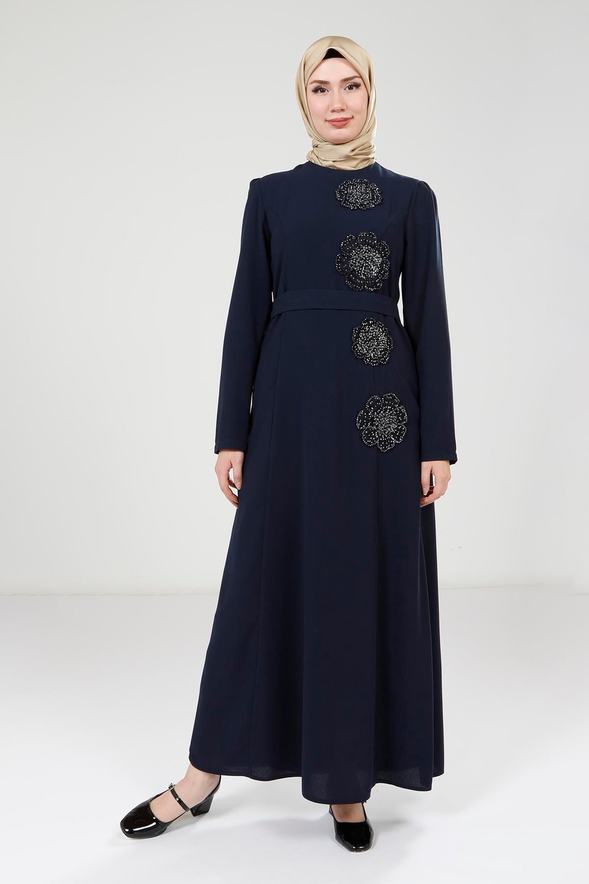 Beyza-Beyza Çiçek Taş Desenli Lacivert Elbise 9258