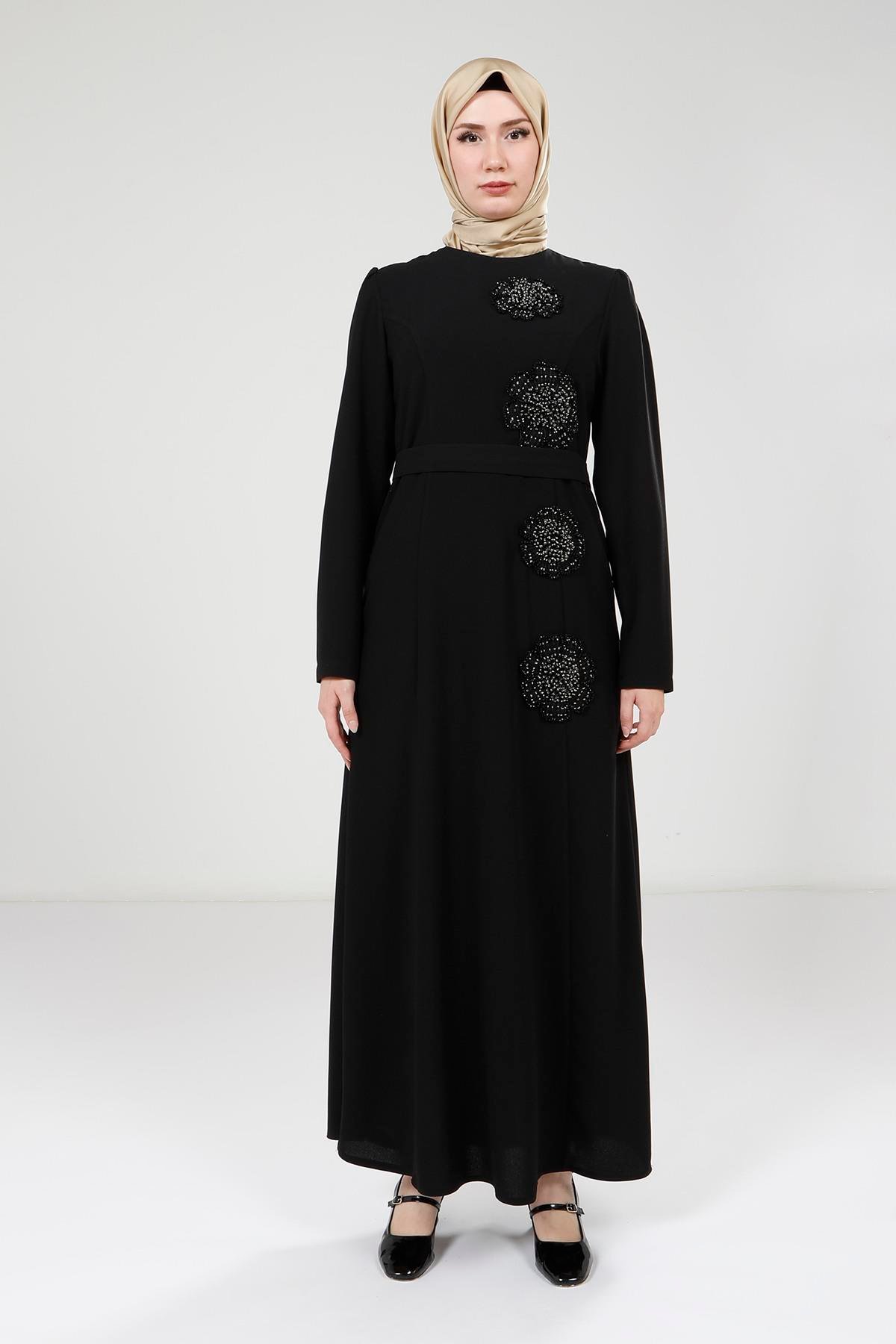 Beyza-Beyza Çiçek Taş Desenli Siyah Elbise 9258