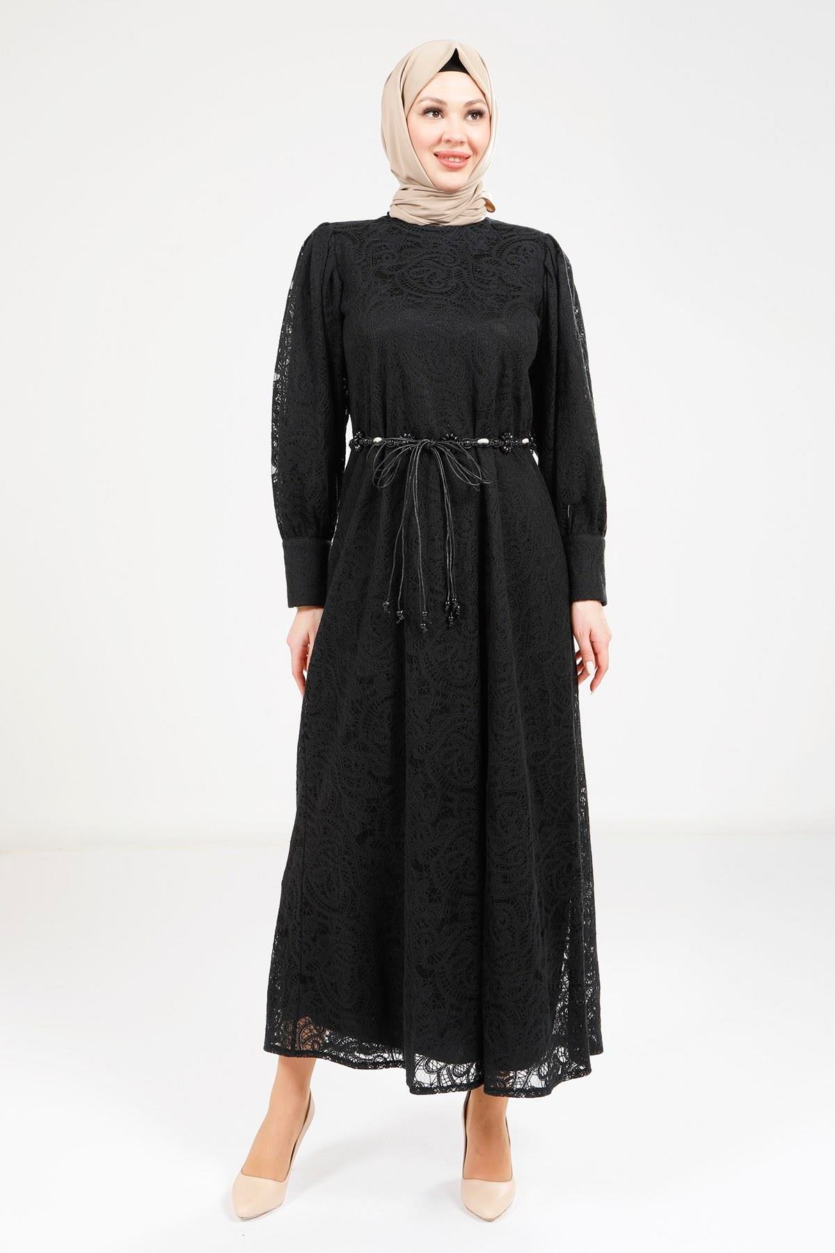 Beyza-Beyza Dantel Detaylı Siyah Elbise 9260