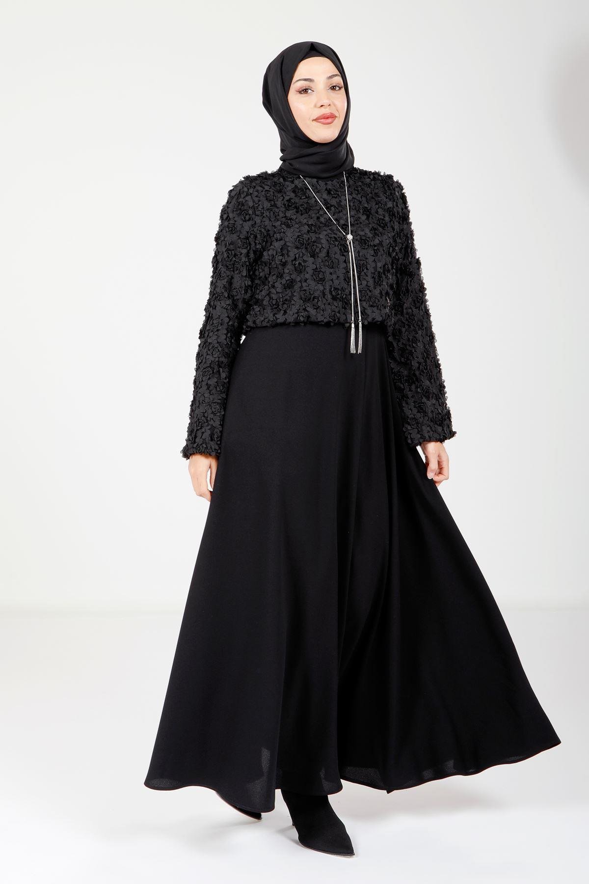 Beyza-Beyza Dantelli Siyah Tesettür Elbise 9099