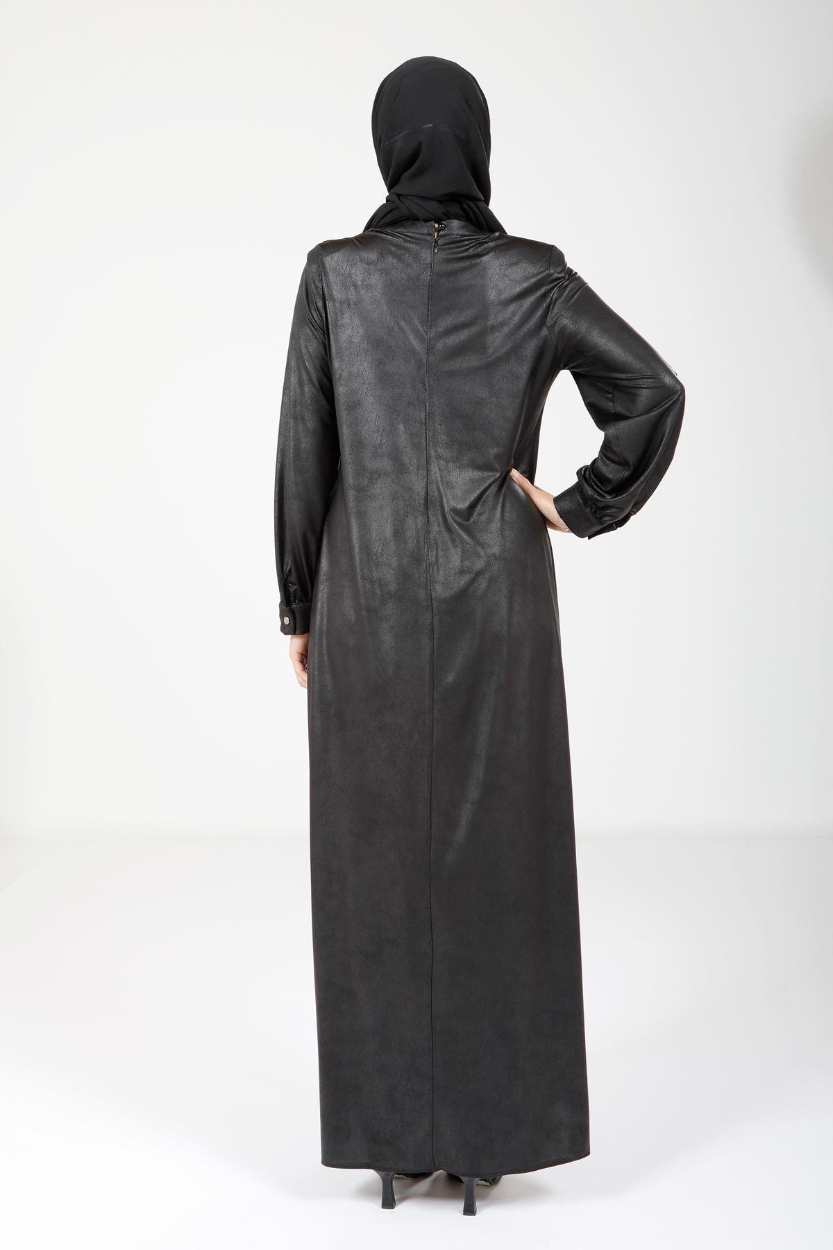 Beyza-9083 ELBİSE DERİ GÖRÜNÜMLÜ SİYAH