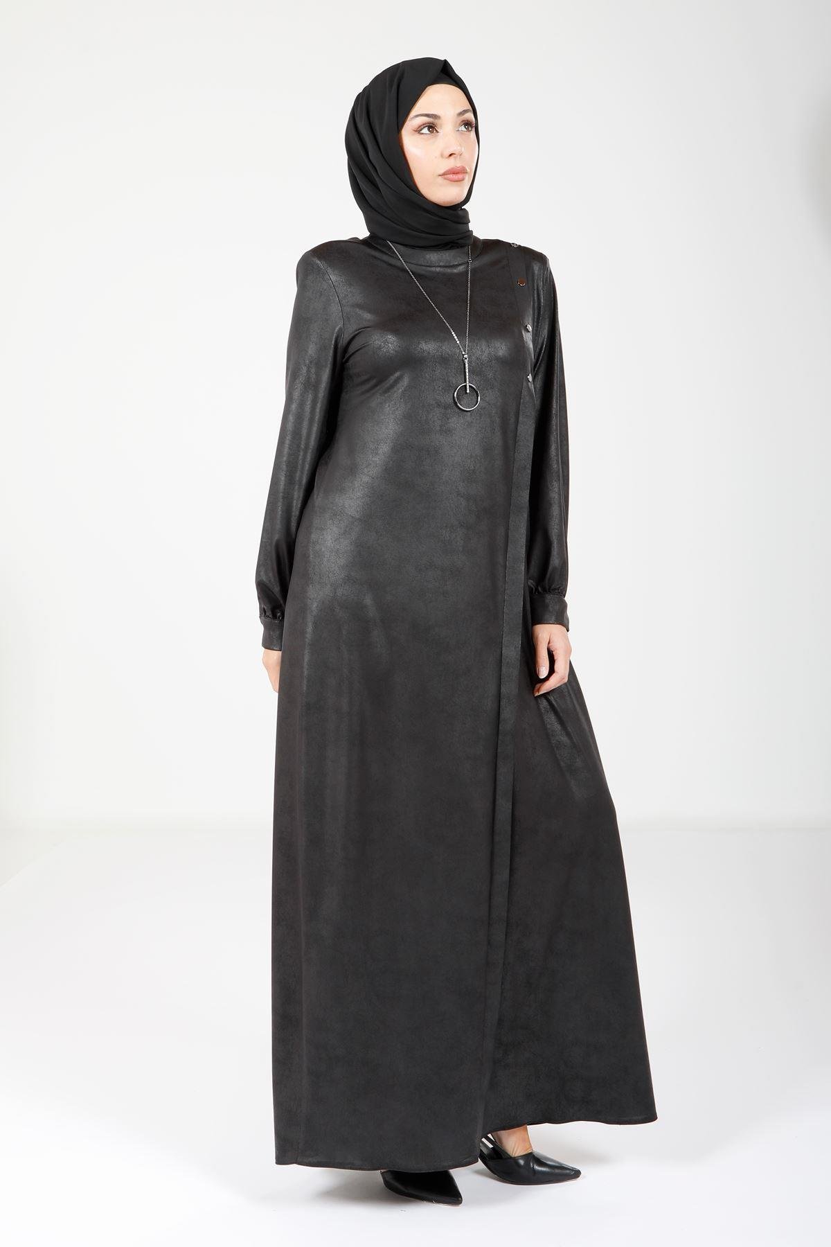 Beyza-9083 ELBİSE DERİ GÖRÜNÜMLÜ SİYAH
