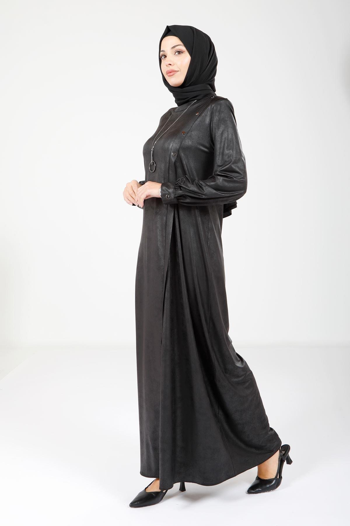 Beyza-9083 ELBİSE DERİ GÖRÜNÜMLÜ SİYAH