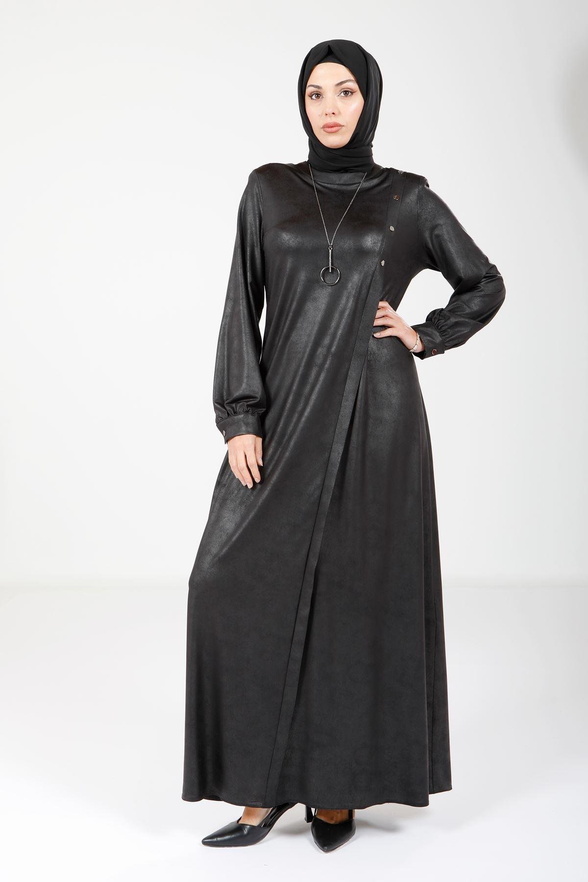 Beyza-9083 ELBİSE DERİ GÖRÜNÜMLÜ SİYAH