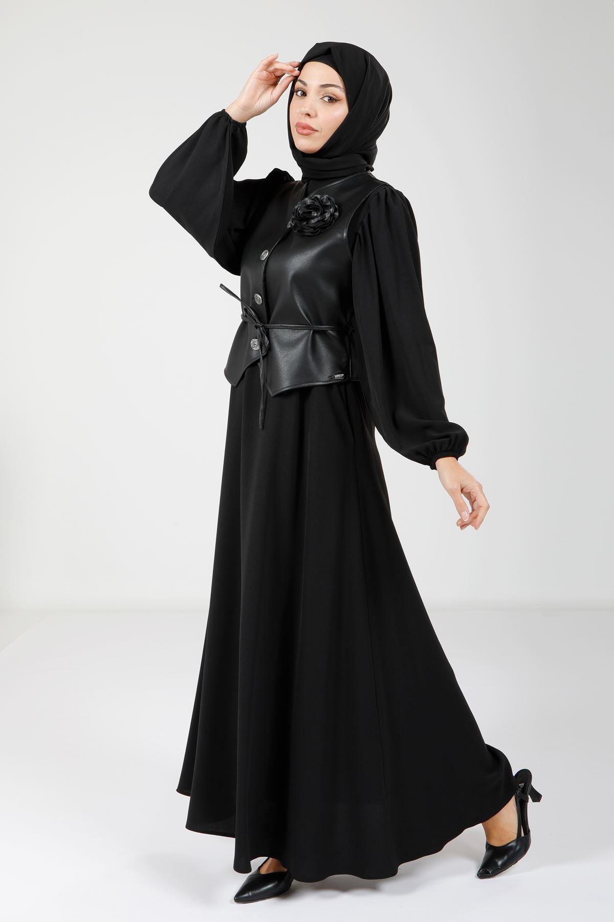 Beyza-9076 ELBİSE DERİ YELEKLİ SİYAH