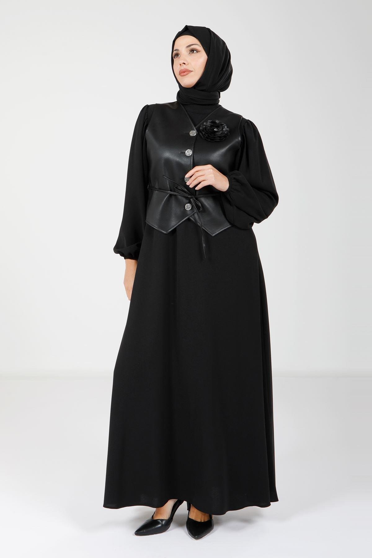 Beyza-9076 ELBİSE DERİ YELEKLİ SİYAH