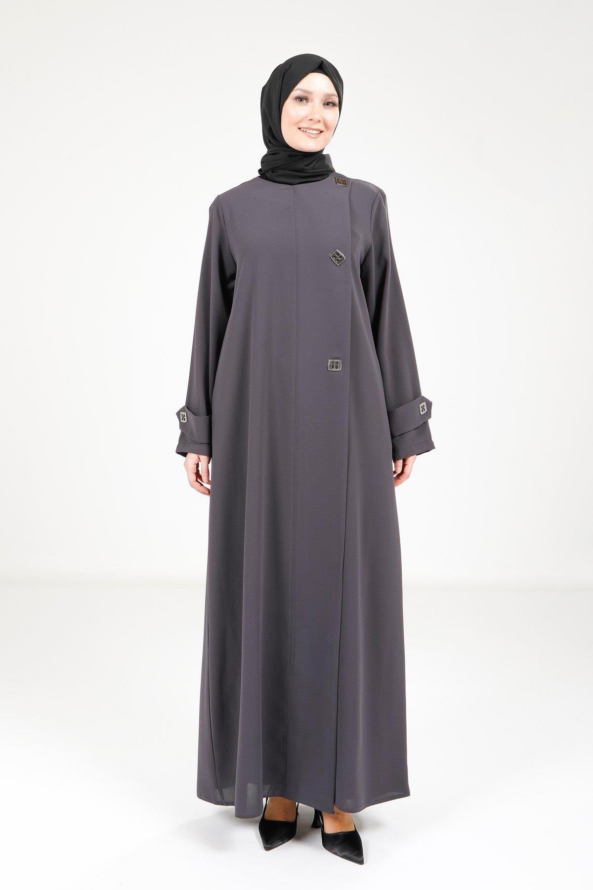 Beyza-Beyza Düğme Detaylı Füme Ferace 9288