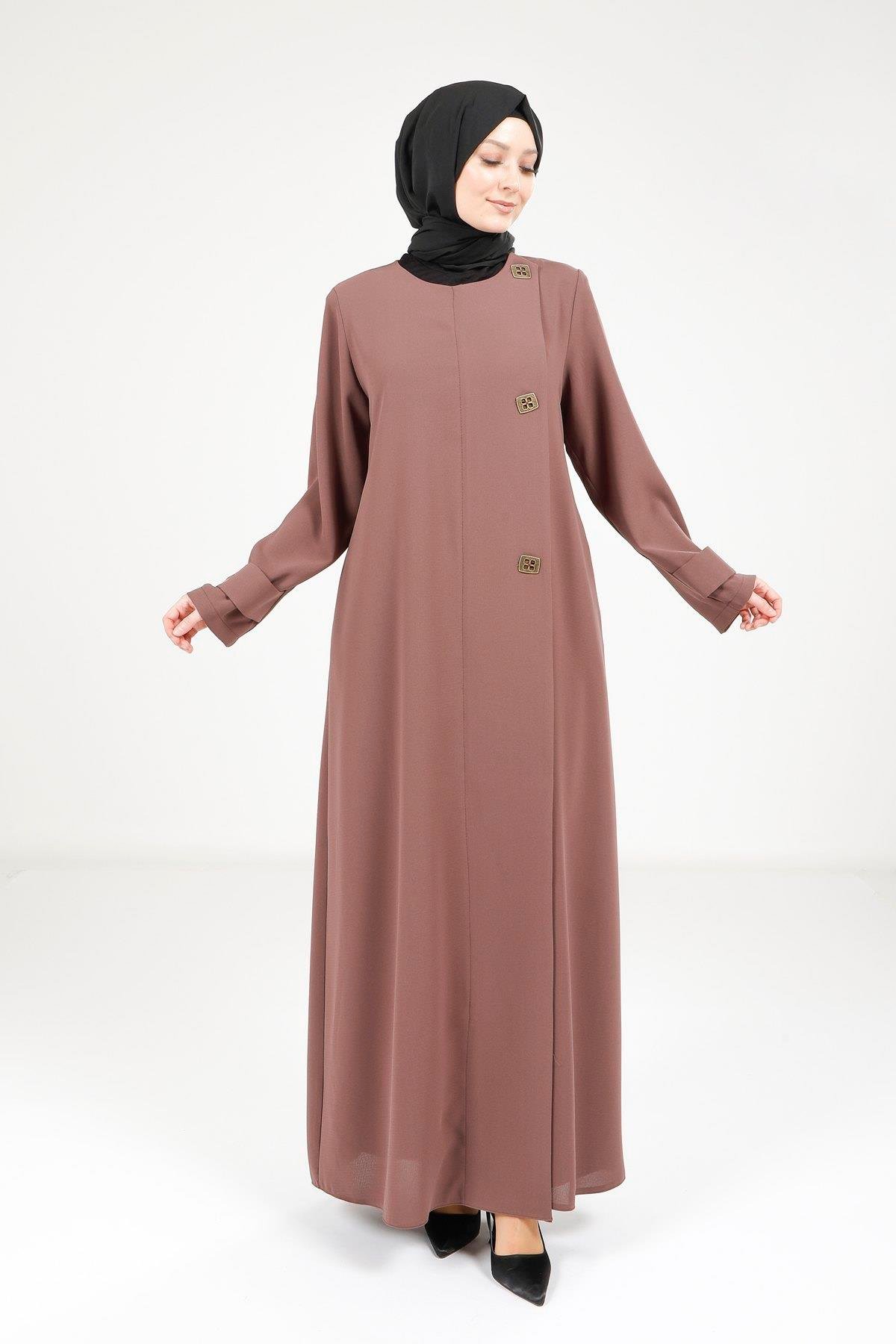Beyza-Beyza Düğme Detaylı Kapuçino Ferace 9288