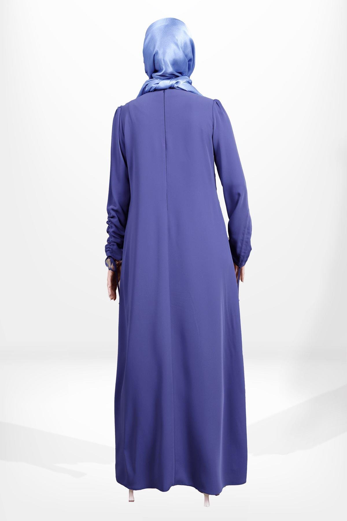 Beyza-Beyza Düğme Detaylı Kolu Büzgülü Koyu İndigo Renk Tesettür Elbise 5649