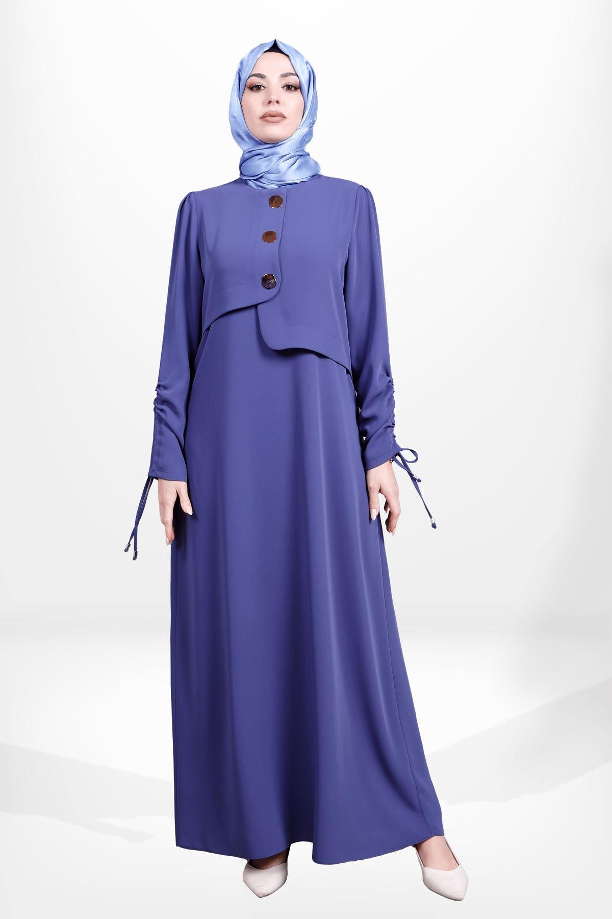 Beyza-Beyza Düğme Detaylı Kolu Büzgülü Koyu İndigo Renk Tesettür Elbise 5649