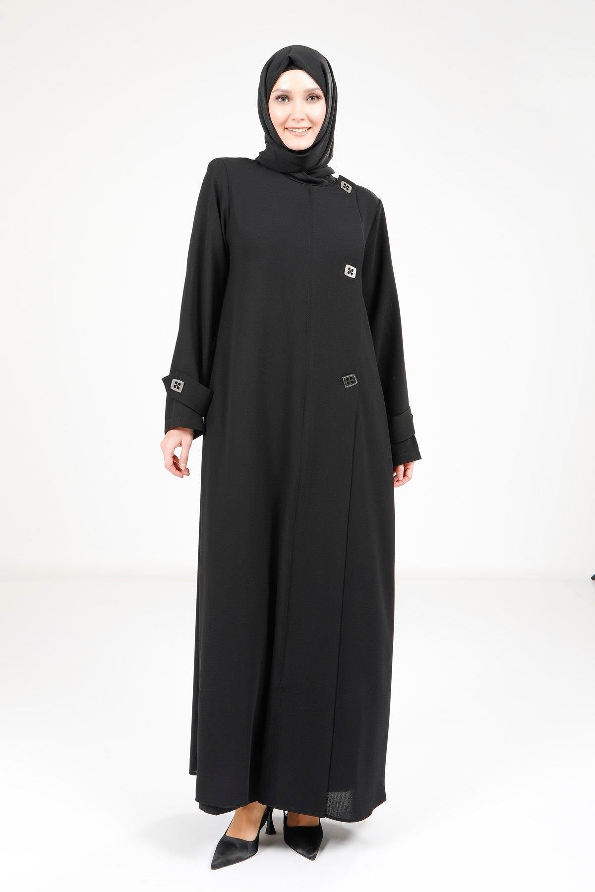 Beyza-Beyza Düğme Detaylı Siyah Ferace 9288