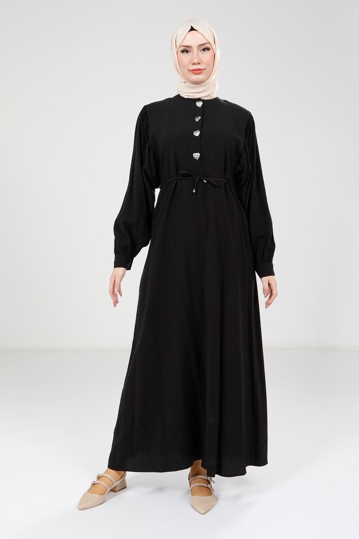 Beyza-Beyza Düğme Detaylı Siyah Modal Elbise 9174