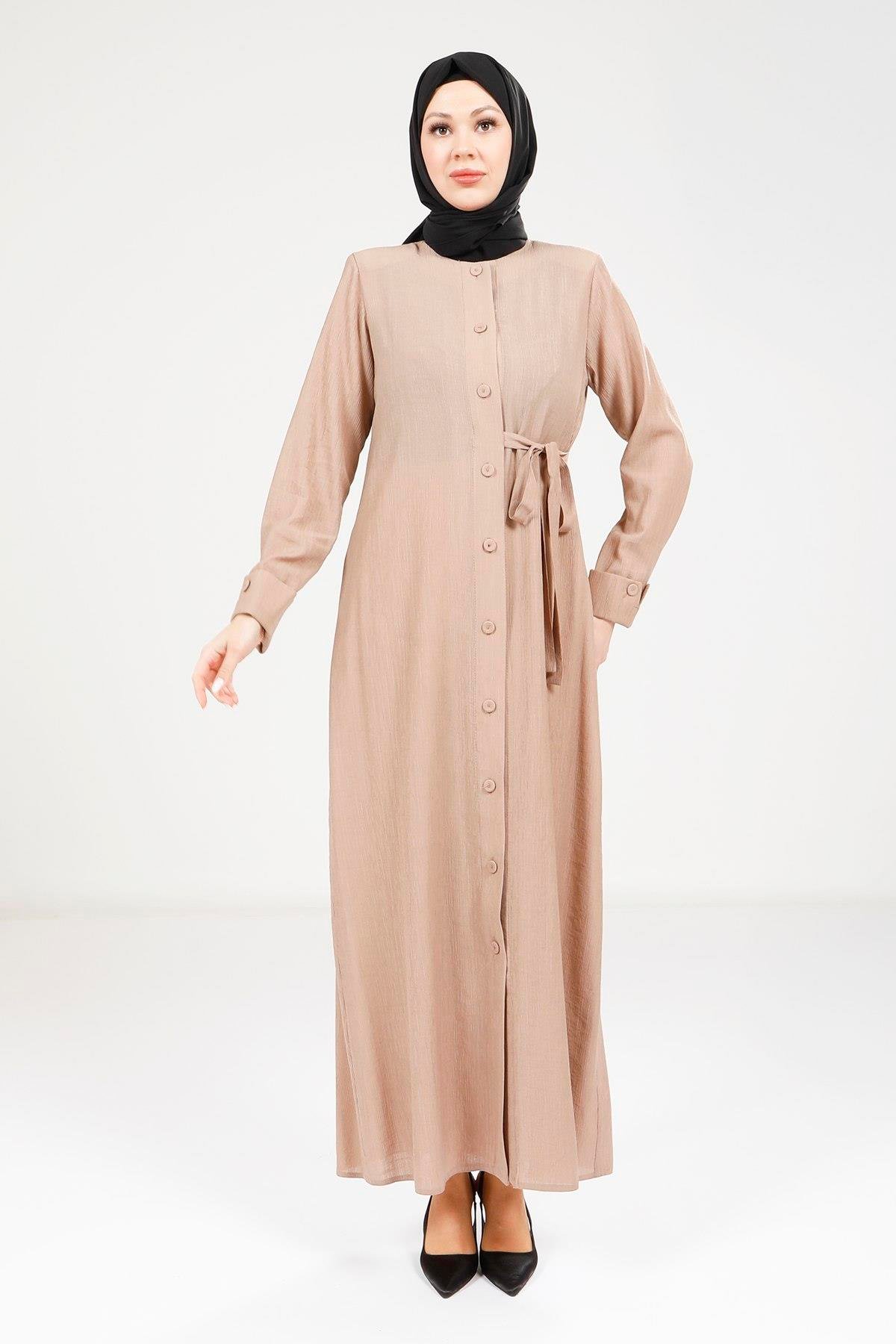 Beyza-Beyza Düğmeli Bej Elbise 9181