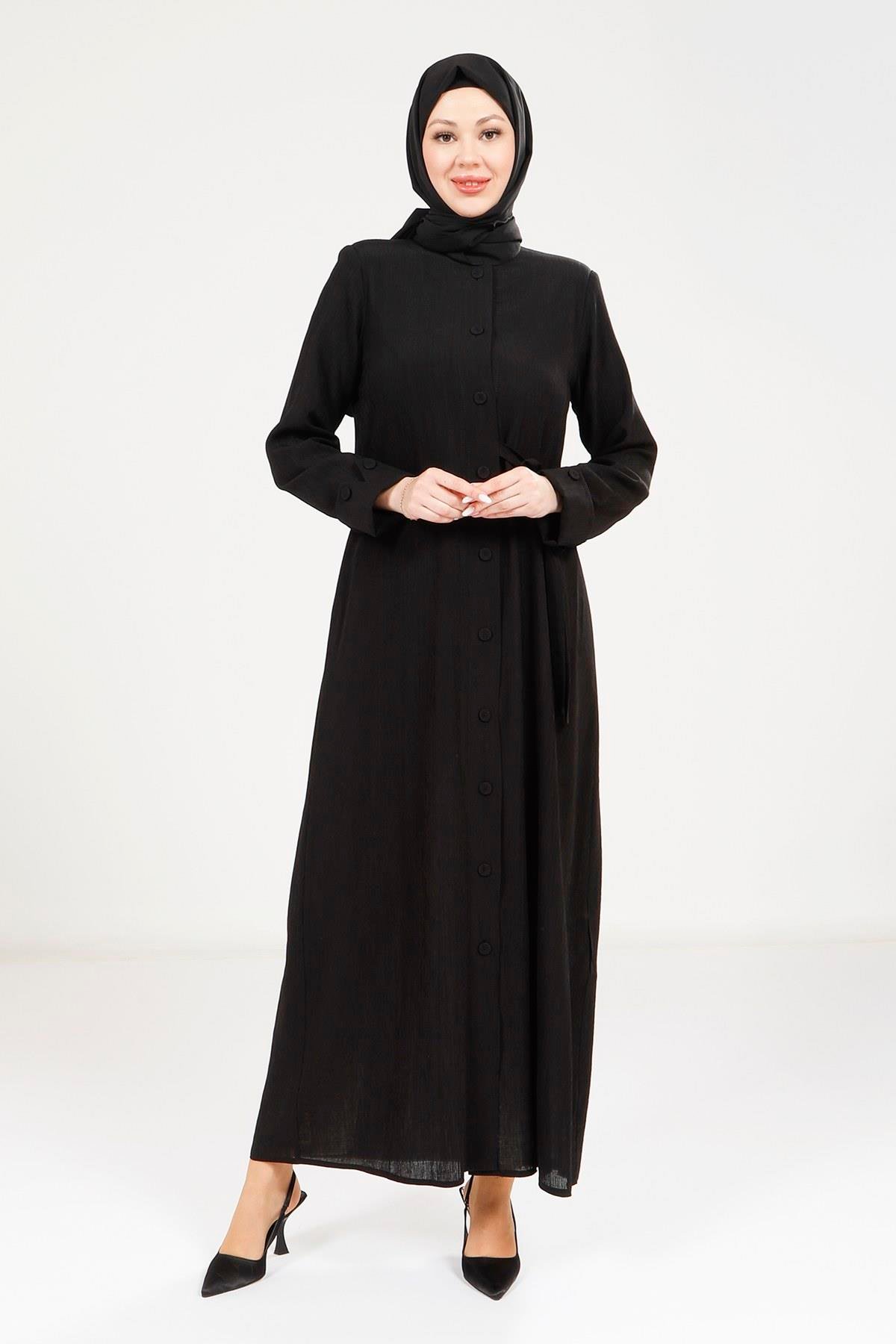 Beyza-Beyza Düğmeli Siyah Elbise 9181
